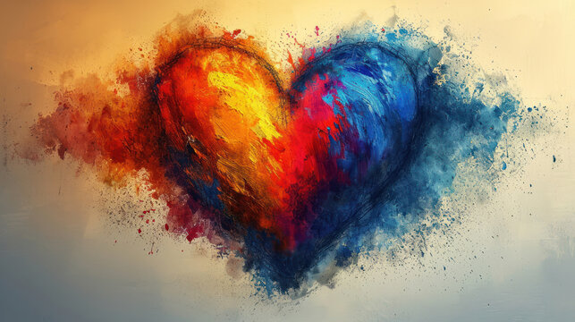  a painting of a colorful heart with lots of paint splatters on the side of the heart and the words i love you written on the side of the heart.