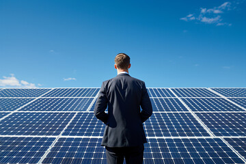 Businessman Standing Before Solar Panels - Generative AI.