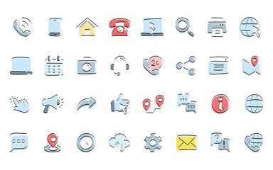 icons. doodle set. camera. a note. video. telephone. message.