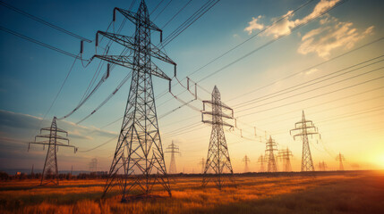 High Voltage Line And Electric Wire On Blue Sky Background
