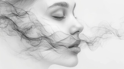  a black and white photo of a woman's face with a smoke trail coming out of her mouth and her eyes closed. - obrazy, fototapety, plakaty