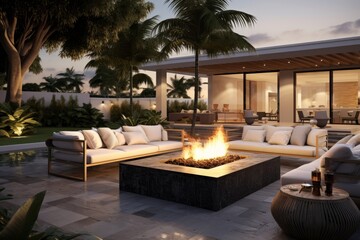 Well-designed outdoor lounge area with contemporary furniture and a fire pit - obrazy, fototapety, plakaty