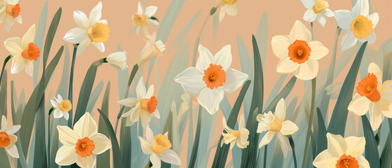 Daffodils dominate the foreground in a flat design illustration.