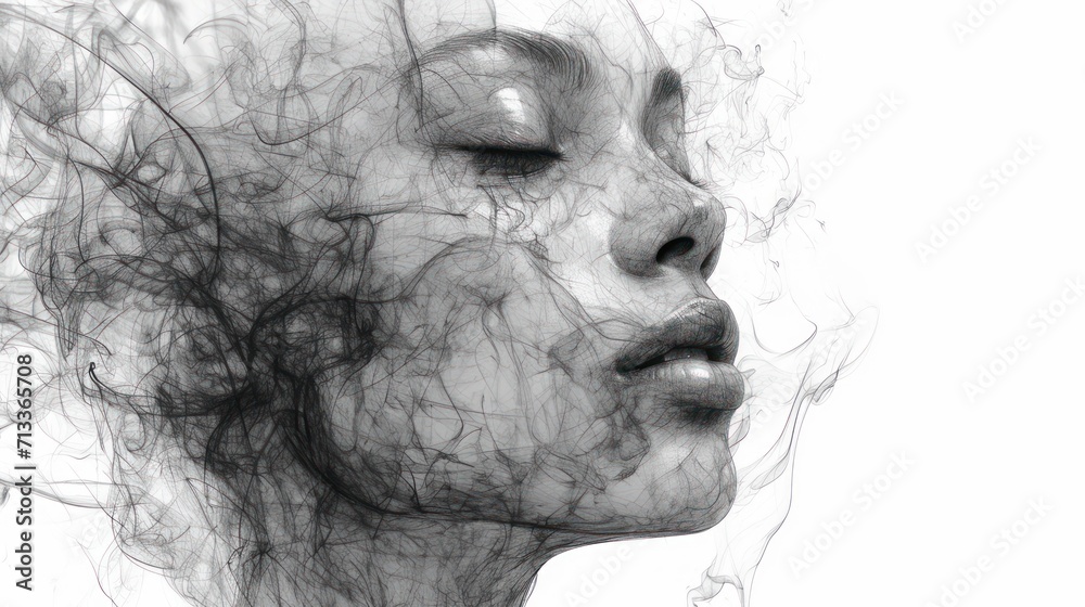 Canvas Prints  a black and white photo of a woman's face with her eyes closed and her hair blowing in the wind.