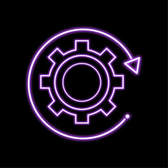 Neon setting icon with purple colour. Glowing gear icon.