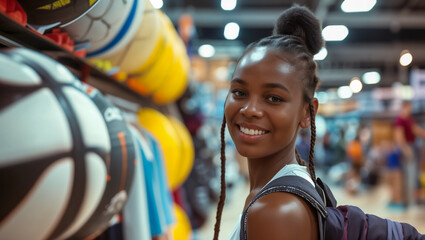 Young woman with a smiling face at the sports equipment expo - obrazy, fototapety, plakaty