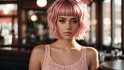 Fototapeta premium young girl with pink hair and freckles