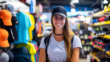Young woman with a smiling face at the sports equipment expo - obrazy, fototapety, plakaty