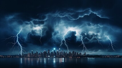 An electric storm illuminating the night sky over a city skyline -Generative Ai