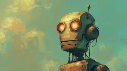 close up of a vintage robot with glowing eyes and antenna with space for text