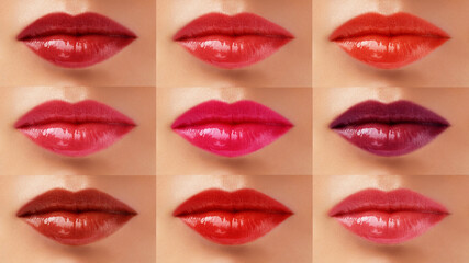 Different pink and red lip gloss colour tints. Female lips with bright colourful make up and contour...