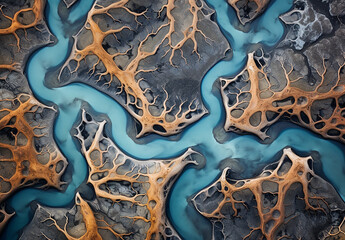 Aerial View And Top View River In Iceland Beautiful Natural Backdrop - obrazy, fototapety, plakaty