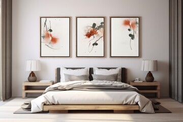 Gallery-style bedroom with framed mockups, showcasing a curated collection of artwork