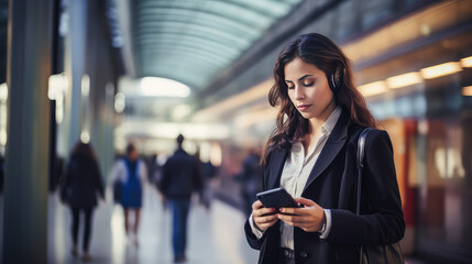 woman with smartphone in hands at railway station