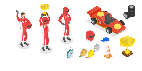 3D Isometric Flat  Set of F1 Items, Formula 1 Objects