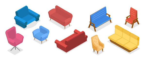 3D Isometric Flat  Set of Furniture, Armchairs, Sofas, Chairs