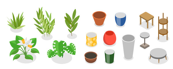 3D Isometric Flat  Set of Plants In Pots, Home Indoor Green Decor