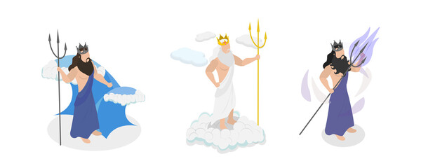 3D Isometric Flat  Conceptual Illustration of Ancient Mythology Heroes, Zeus, Poseidon and Hades