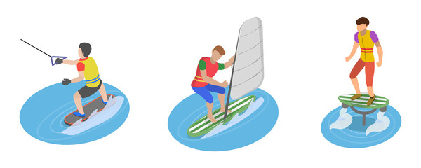 3D Isometric Flat  Conceptual Illustration of Extreme Water Sports, Summer Beach Activities