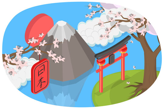 3D Isometric Flat  Conceptual Illustration of Japanese Landscape with Mount Fuji, Greeting Card or Banner