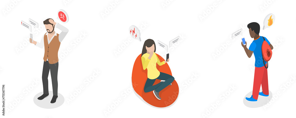 Wall mural 3d isometric flat conceptual illustration of bad news, sad anxious characters with mobile phones