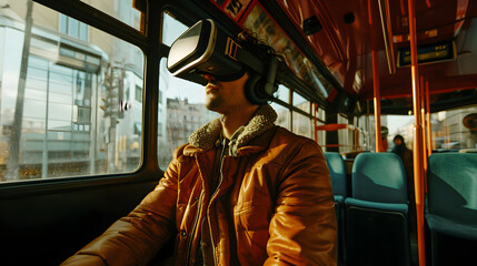 Fototapeta na wymiar Photograph of one man at the bus wearing a VR headset.