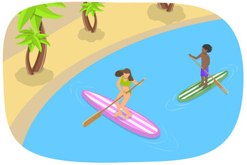 3D Isometric Flat  Conceptual Illustration of Sup Surfing, Stand Up Paddling