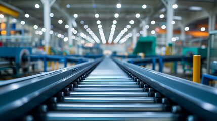 Motion blur conveyor belt in a factory warehouse. Industrial background. - obrazy, fototapety, plakaty