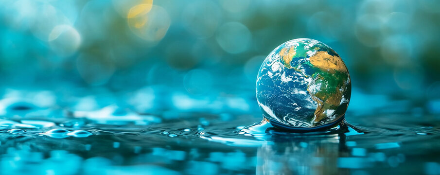 a pristine water droplet with the Earth's continents detailed on its surface, symbolizing environmental conservation and the fragility  ,  Earth as a Water Droplet Global Ecology , World Water Day