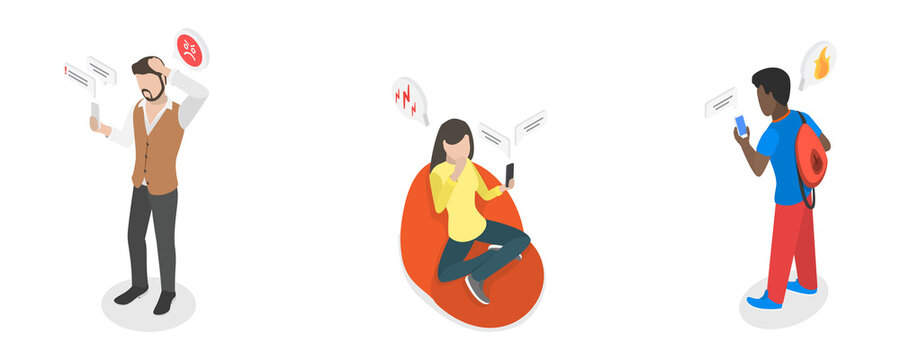 3D Isometric Flat  Conceptual Illustration of Bad News, Sad Anxious Characters with Mobile Phones