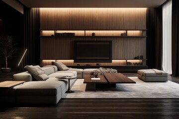 Interior scene of a minimalist entertainment room with clean lines, a neutral color scheme, and carefully chosen furniture