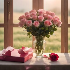 Valentine's Day Concept Beautifully arranged (((roses))), with delicate petals and a soft pink hue, artfully displayed in a ((vase)) against a backdrop of a (sunny, grass-filled meadow 