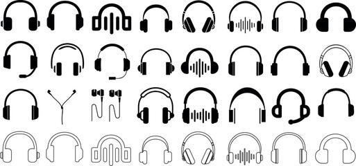 Headphone Icons Vector Set, Diverse headphone Styles, Audio, Music Listening. Perfect for Web Design, Apps, Software Interface. Modern Aesthetic - obrazy, fototapety, plakaty
