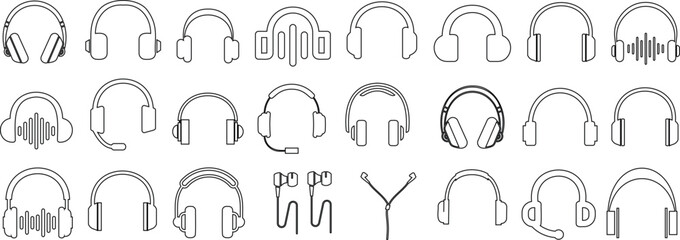 Headphones vector set, audio equipment, music listening devices. Collection of various styles, types of headphones, earbuds, wireless, professional DJ gear in black outline design