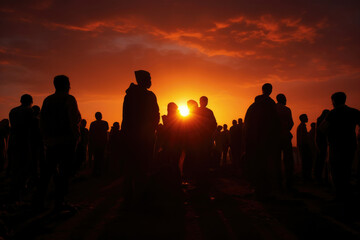 Fototapeta premium Group sunset black silhouette person sun travel sky nature evening crowded sunrise