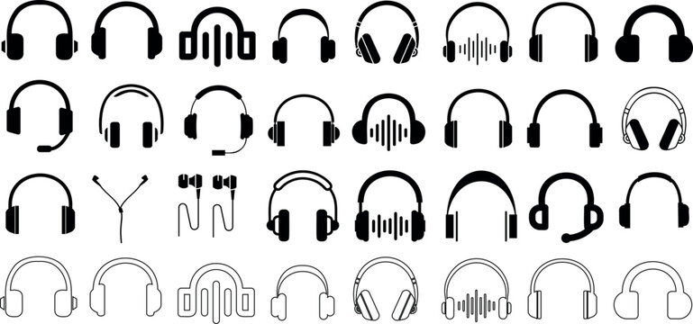 Headphone Icons Vector Set, Diverse headphone Styles, Audio, Music Listening. Perfect for Web Design, Apps, Software Interface. Modern Aesthetic