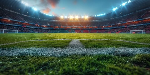 a soccer stadium with green grass and spotlights