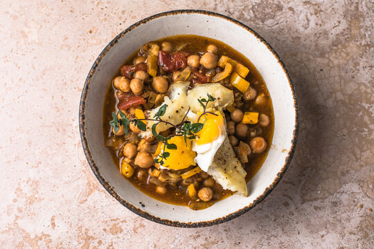 Potaje de vigilia - Chickpea stew with spinach and cod. Typical spanish food for Easter holidays. Chickpea stew with spinach
