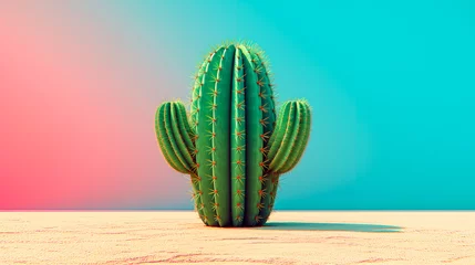 Papier Peint photo Turquoise cactus with sharp spikes stands on a sandy surface, with a pink and blue gradient sky in the background