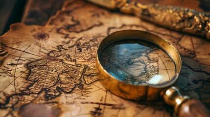 Vintage magnifying glass and old map. Travel and adventure concept