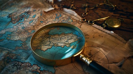 Vintage magnifying glass and old map. Travel and adventure concept