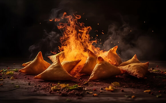 Realistic photo of samosa food with smoke coming out, lunch, snacks food Generative AI
