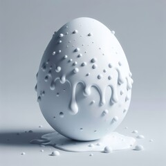 White Easter egg doused with paint isolated on a white background. Easter holiday concept in minimalism style. Fashion monochromatic composition. Web banner with copy space for design.
