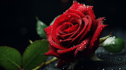 A fresh red rose blooms on a branch with rain water droplets, single red rose blossom ai generative