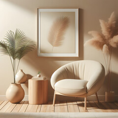 Warm neutral interior wall mockup in soft minimalist living room with rounded beige armchair, wooden side table and palm leaf in vase