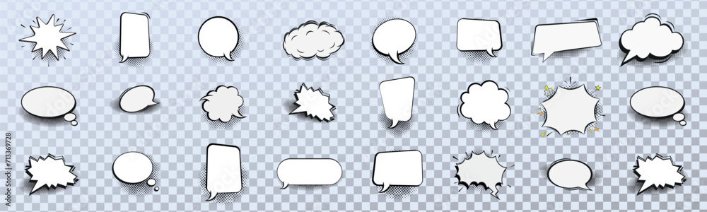 Aufkleber retro empty comic bubbles and elements set with black halftone shadows on transparent background. vi