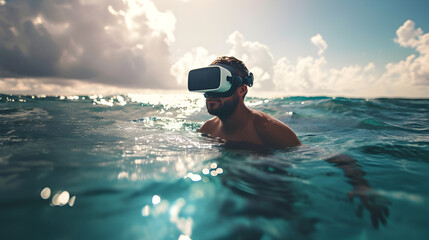 Photograph of one man swimming at sea wearing a VR headset.