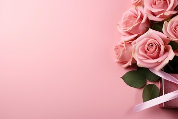 pink roses and gift box with generative ai