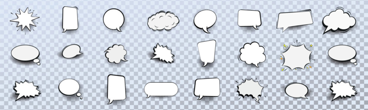 Retro empty comic bubbles and elements set with black halftone shadows on transparent background. Vintage design, pop art style - stock vector.