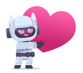 Cartoon robot holding a pink heart. Robot gives heart on isolated background